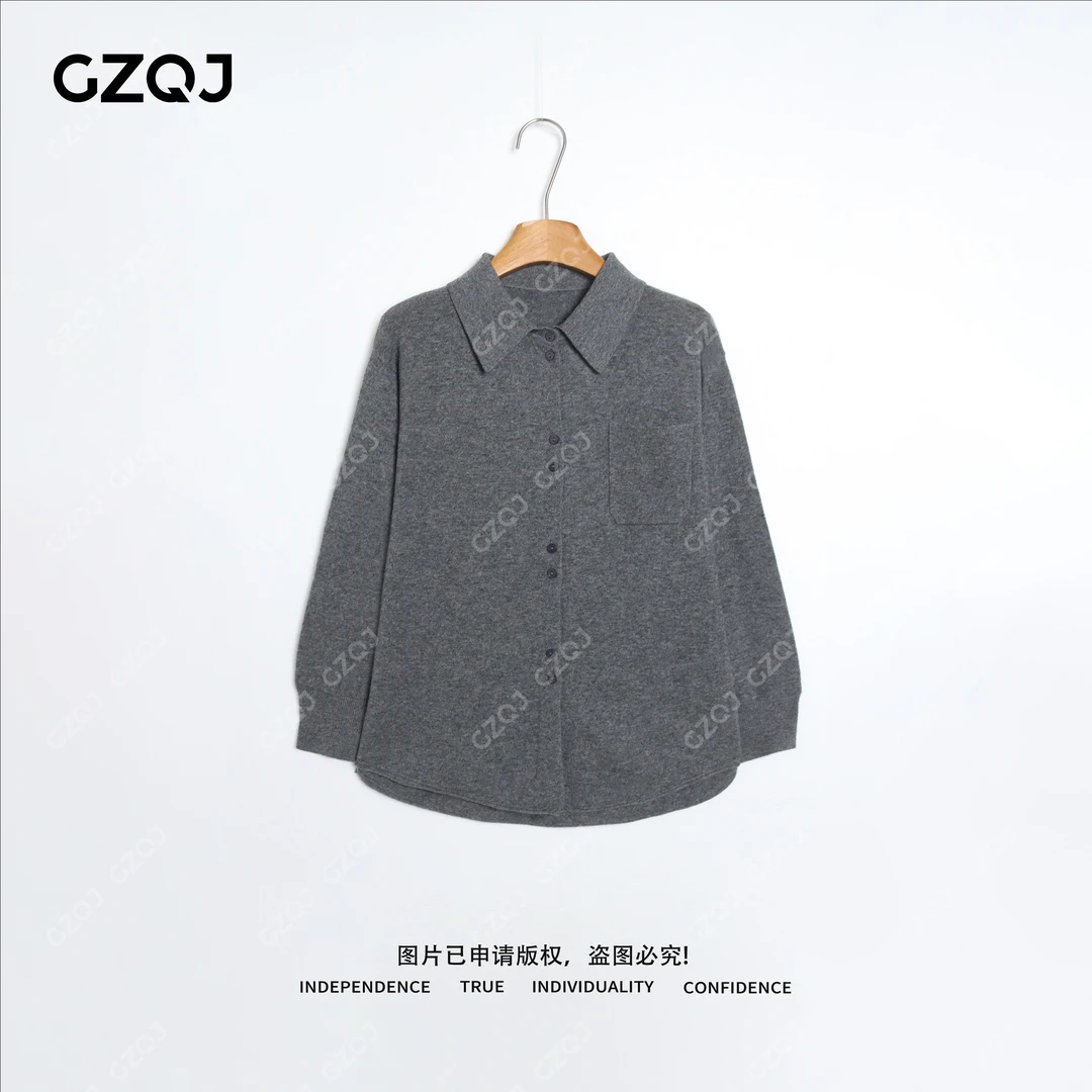 老琴私服【青石巷】100羊毛时尚休闲Polo领单口袋针织衫女冬 68817