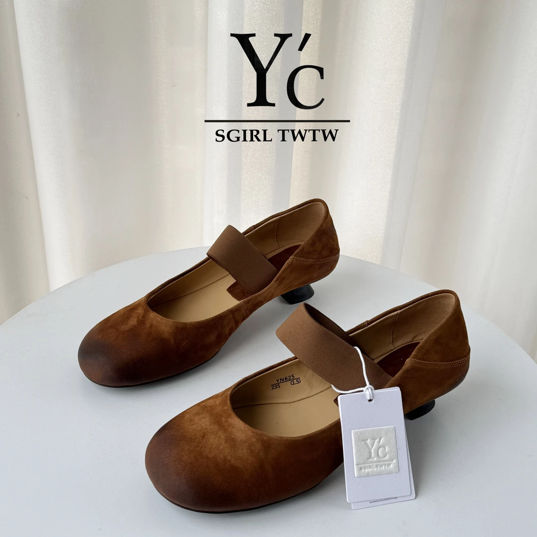 YC｜2025新品气质复古圆头纯色一字带绒面真皮浅口玛丽珍单鞋女鞋
