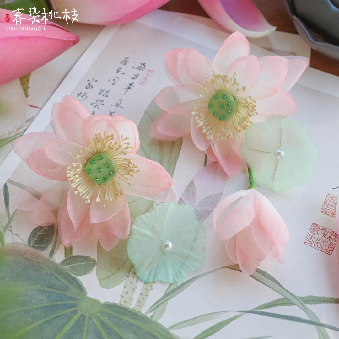 【春染桃枝】手工荷花发饰发夹古风绢纱花朵头饰仙气百搭汉服配饰