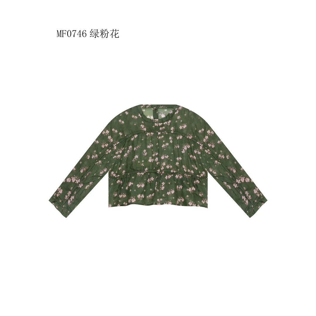 【麻訪家】MF0746绿粉花文艺印花时尚减龄休闲百搭长袖上衣蓝色