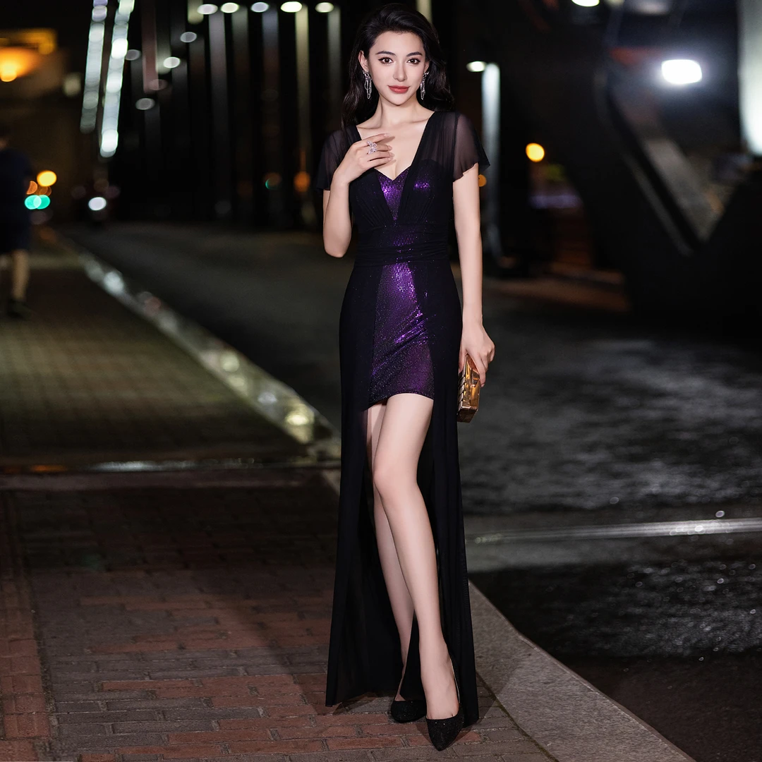 黑色网纱高腰拼接套头长裙纯色连衣裙名媛走秀气质公主风晚礼服