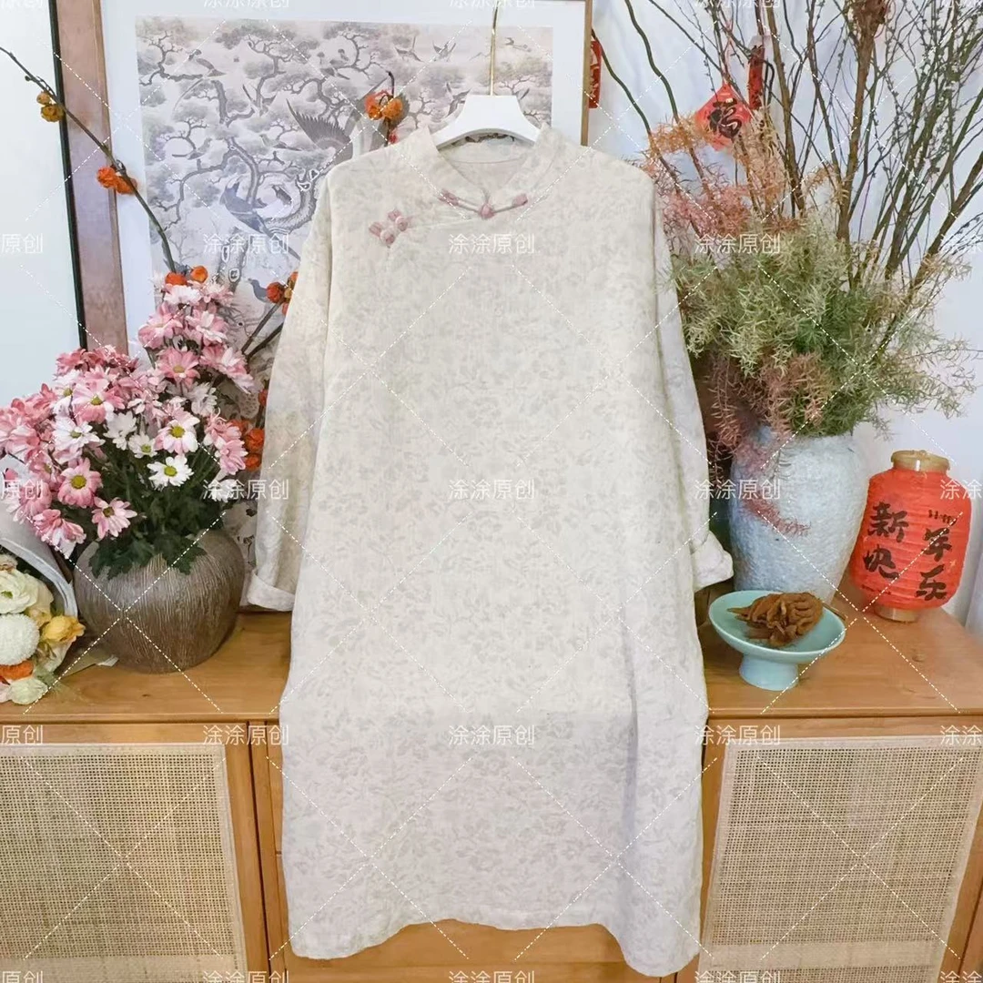 涂涂国风【春芽袍子】春款上新原创设计新中式手工盘扣麻棉连衣裙