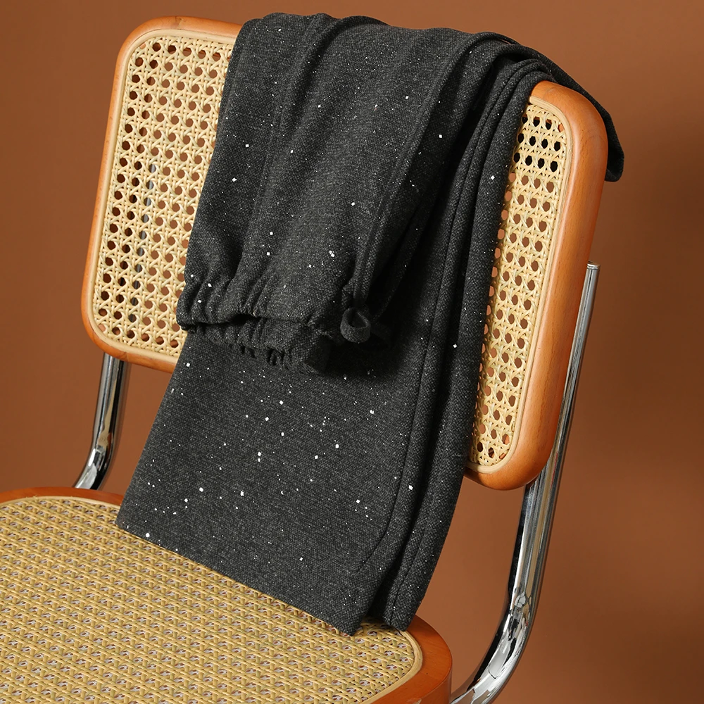 休闲裤高腰加厚款早春长裤纯色弹力时尚宽松直筒裤裤轻奢抽绳裤子