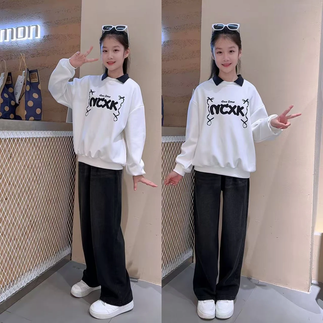 女童字母卫衣套装秋季童装洋气儿童中大通休闲卫衣黑色阔腿裤套装