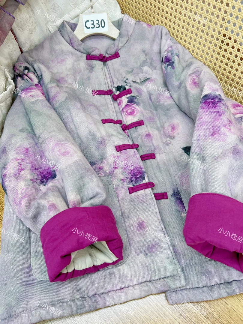 330【紫玫瑰】棉服常规秋冬汉元素中国风宽松型印花新中式厚棉袄