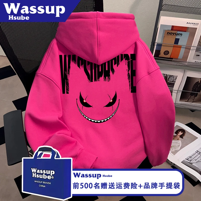 WASSUP HSUBE怪兽印花秋冬男女卫衣重磅休闲火龙果色连帽套头上衣