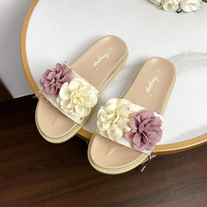 法式平底拖鞋仙女风配裙子玫瑰花国风凉鞋超软不累脚水钻大码女