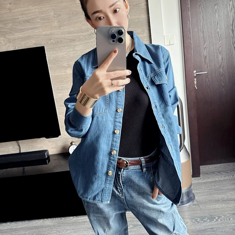 纯棉长袖牛仔衬衫女士新款时尚复古百搭显瘦气质翻领上衣叠穿衬衣