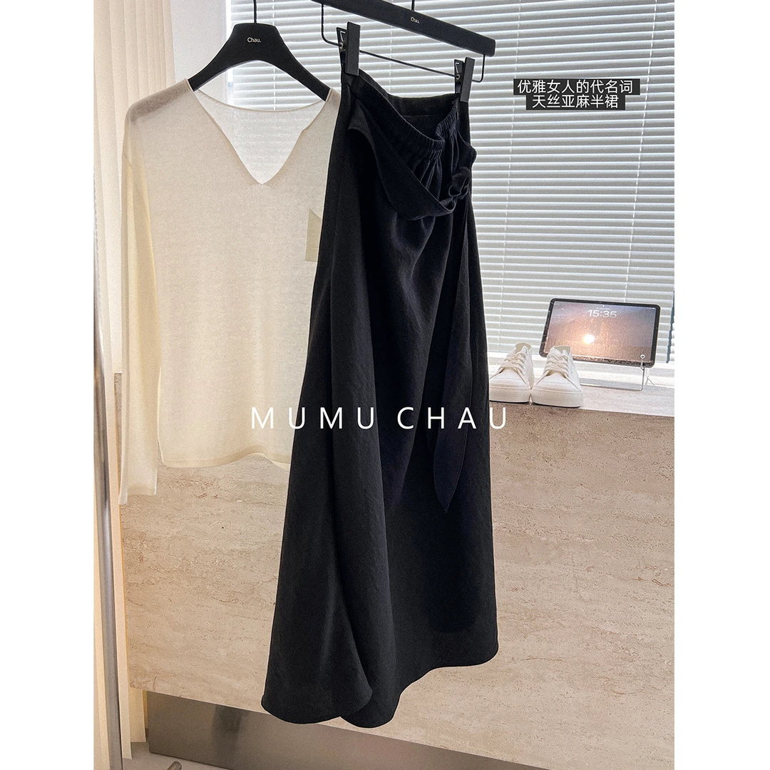「MUMU CHAU」【汉麻之舞】竹节麻女冬休闲宽松A字裙黑色半裙LQ58293