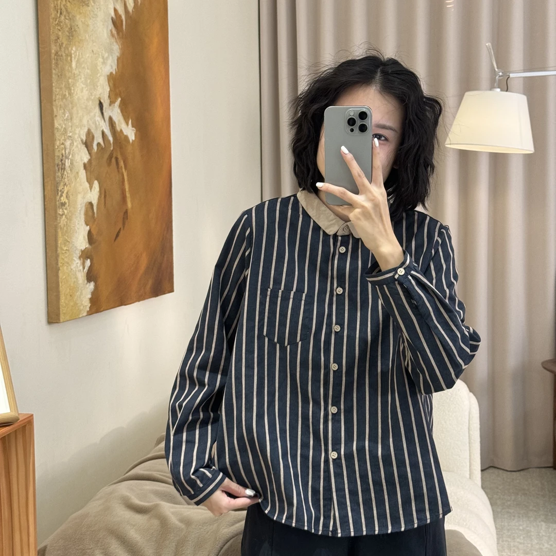 喜樂 2025撞色条纹翻领拼接衬衫春季新款时尚百搭文艺女士上衣