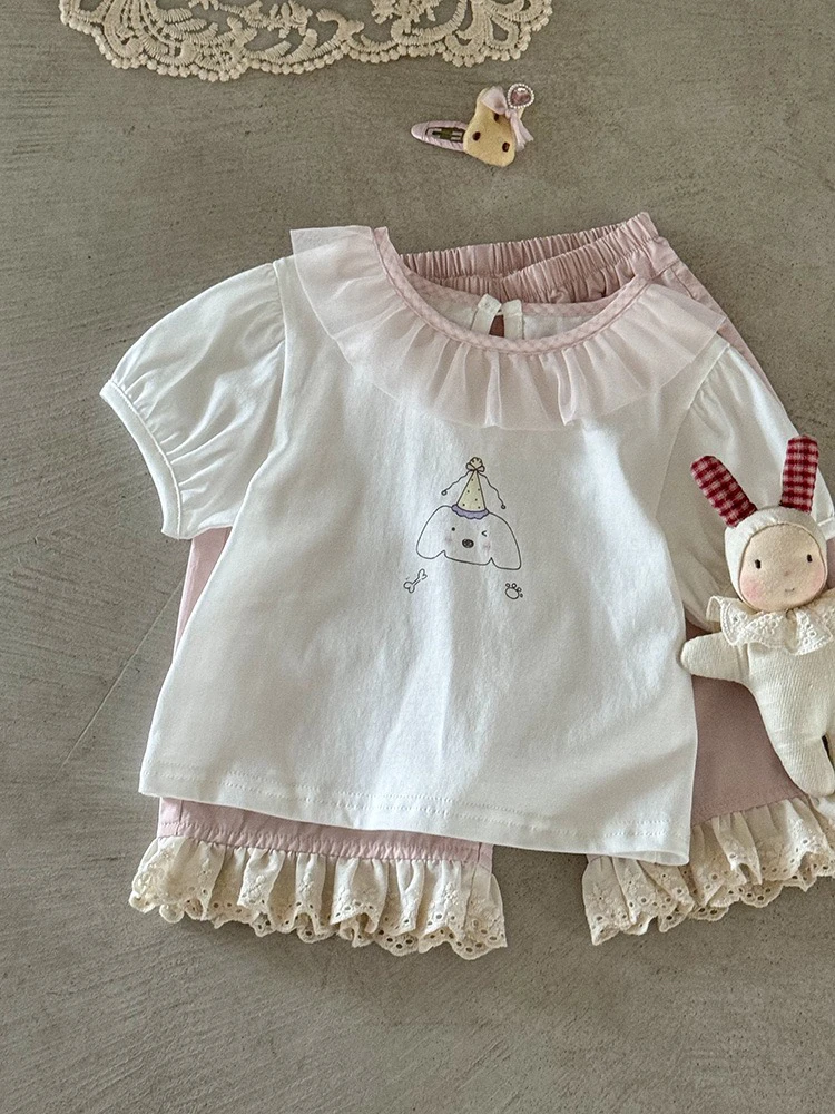 2025新款女童韩系纯色百棉T恤女宝宝生日蜡烛印花时尚百搭t恤上衣