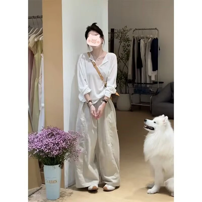 早秋穿搭一整套时尚百搭V领设计上衣高腰遮肉显瘦休闲裤两件套女