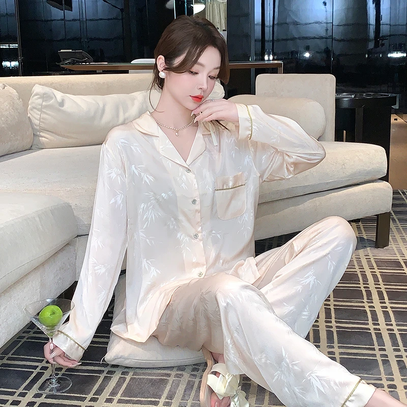 春季竹叶暗纹提花不带杯垫情侣高级感睡衣柔软透气长袖套装1687