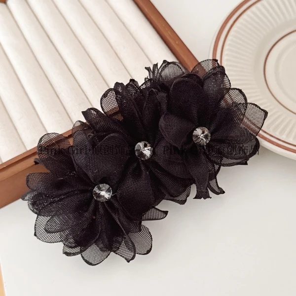 Pink Girl  F863新款黑色纱烧花花朵香蕉夹百搭气质竖夹发夹发饰