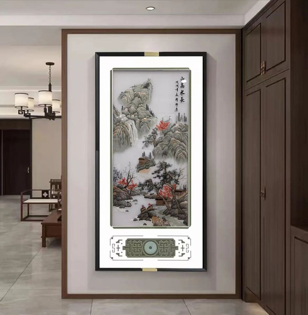 锦绣坊苏绣玄关画-【山高水长】新中式高品质刺绣工艺沙发背景墙