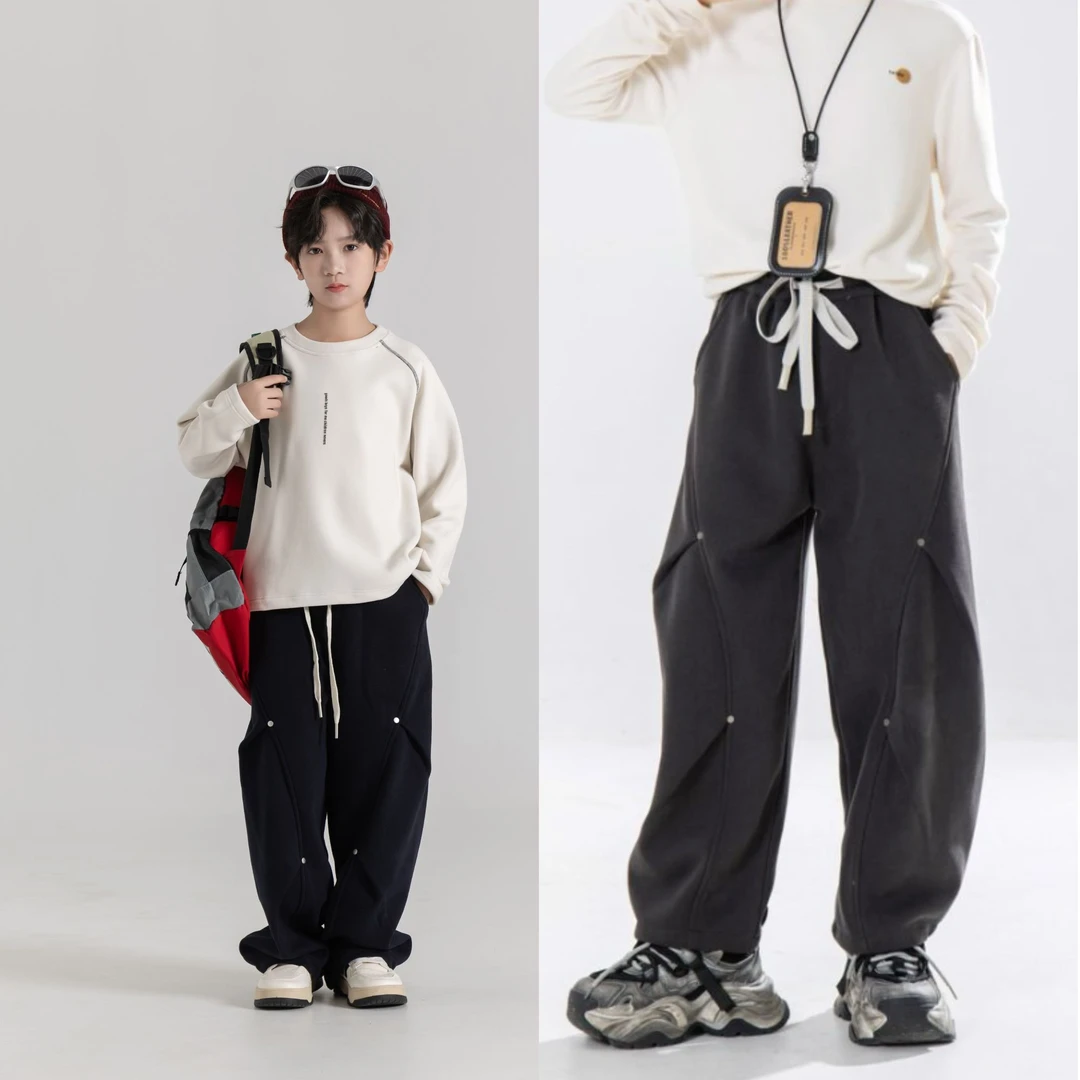 休闲童裤百搭阔腿裤立体剪裁直筒型韩式弯刀裤工装裤童装加绒裤子