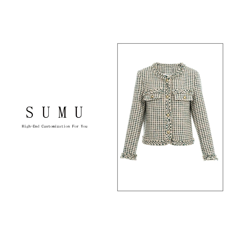 小雨女装自产10-8秋季2023新款纯色轻奢百搭千鸟格小香风外套8078