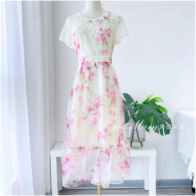 Pink Mary粉红玛琍长款圆领短袖连衣裙子女时尚百搭PMAFS511512