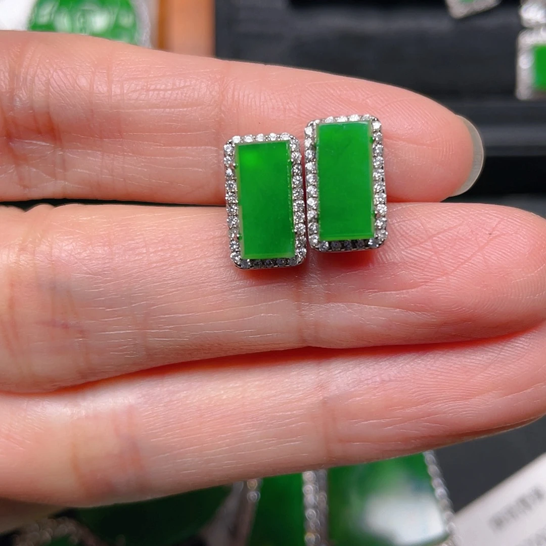 银S925镶嵌翡翠耳饰玫*耳钉