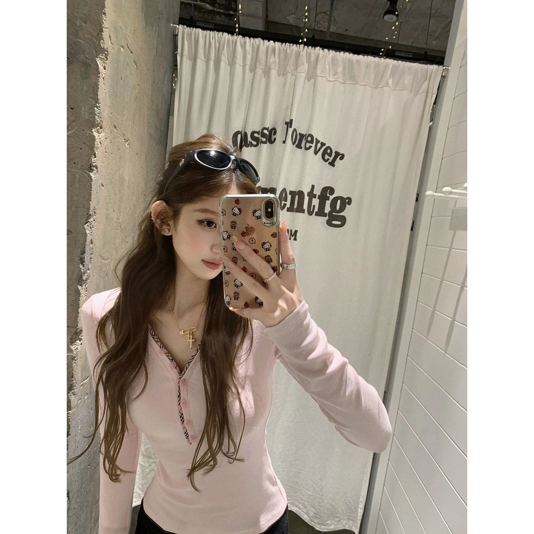 Tongiiuu C位打底 格纹拼接V领长袖T恤女修身显瘦内搭打底衫上衣