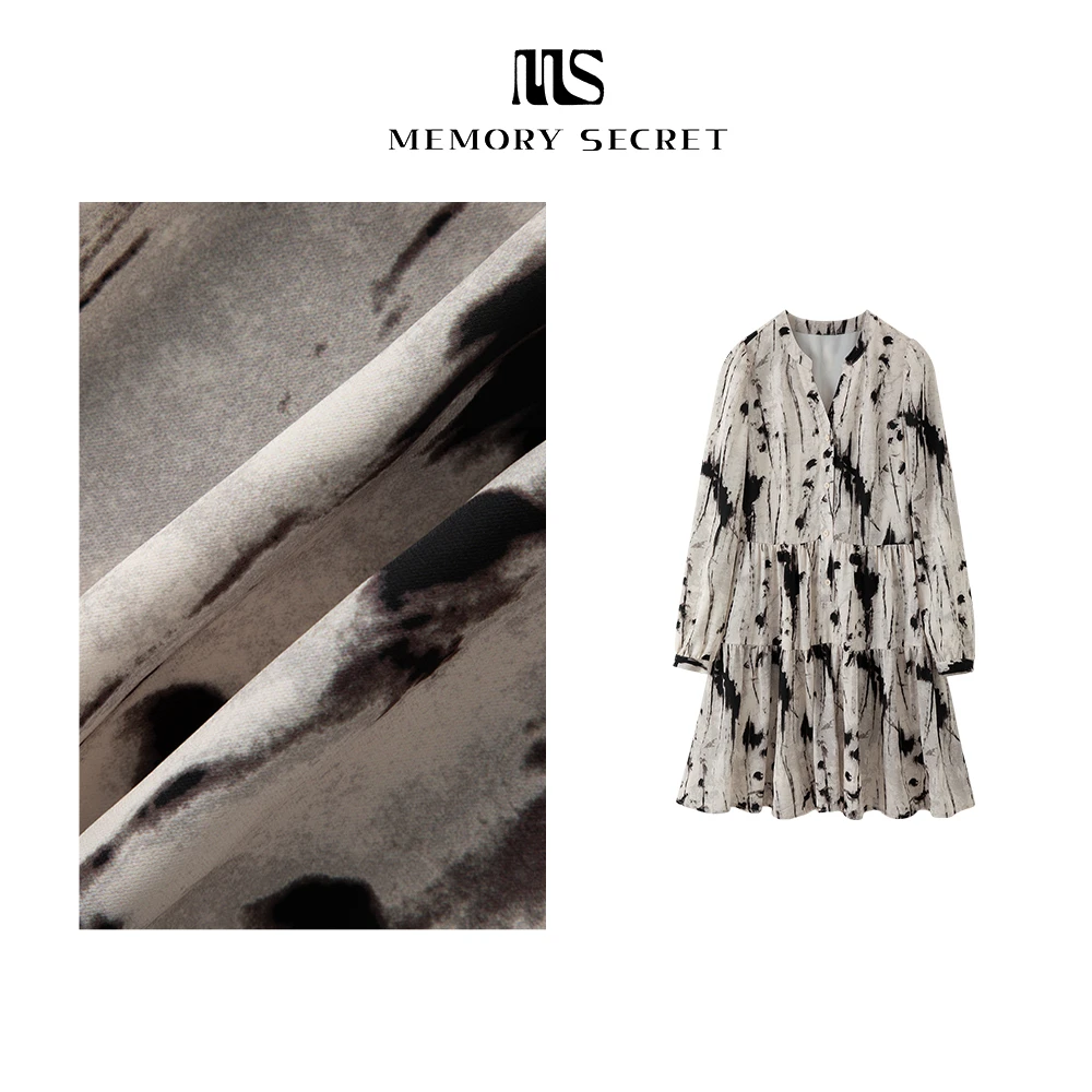 【MS】水墨 法式印花休闲长袖连衣裙MS53062497 -1