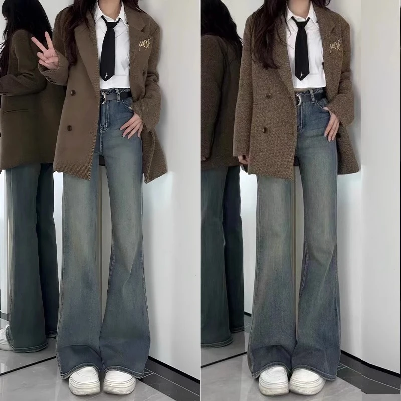 微喇牛仔裤女大码胖mm复古高腰不贴腿弹力喇叭裤子