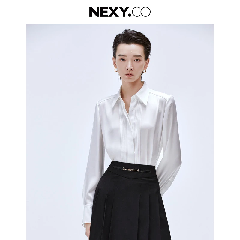 NEXY.CO/奈蔻气质长袖白色时尚百搭通勤设计感上衣XE00550V0