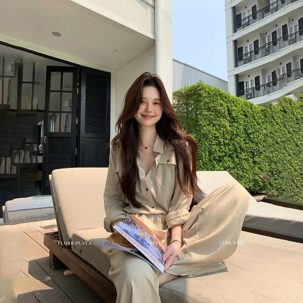 老钱风慵懒长袖亚麻衬衫女春夏显瘦阔腿裤套装