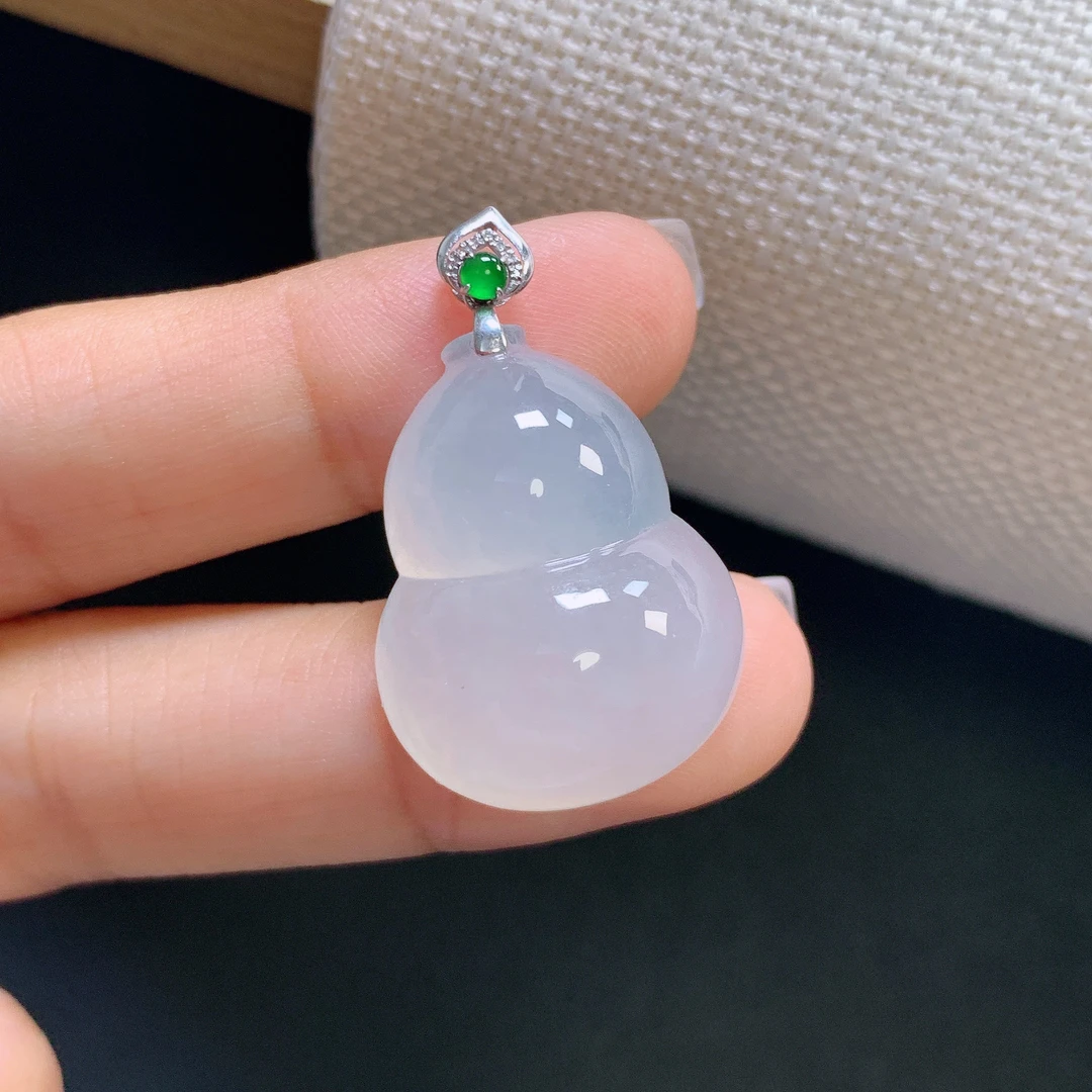 缅甸天然A货翡翠18k金镶嵌冰种白月光白冰葫芦大葫芦吊坠