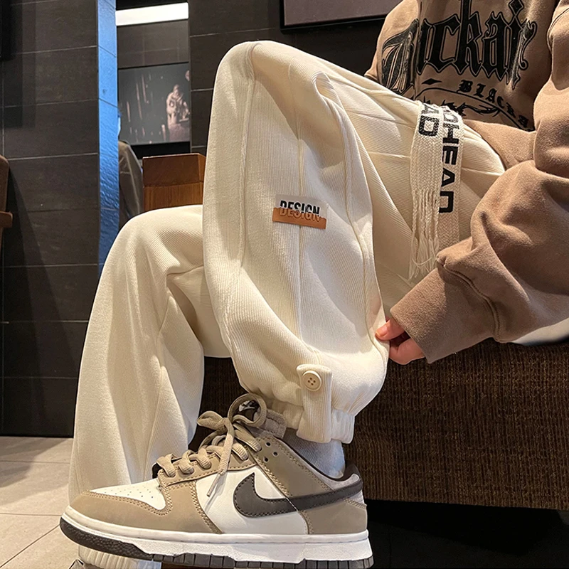 大码300斤港风休闲裤子男女秋冬加绒加厚美式高街设计感运动卫裤