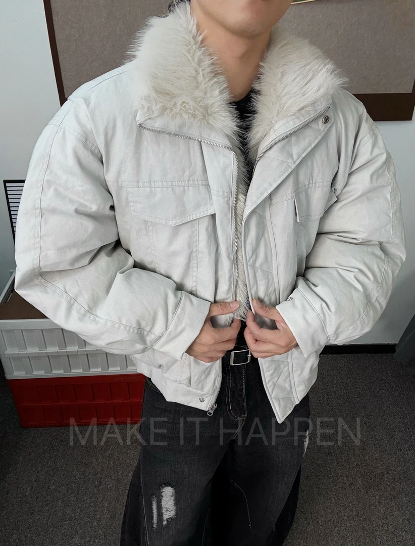 HAPPEN 毛领棉服夹克美式复古冬季保暖锁温且有型男女百搭上衣