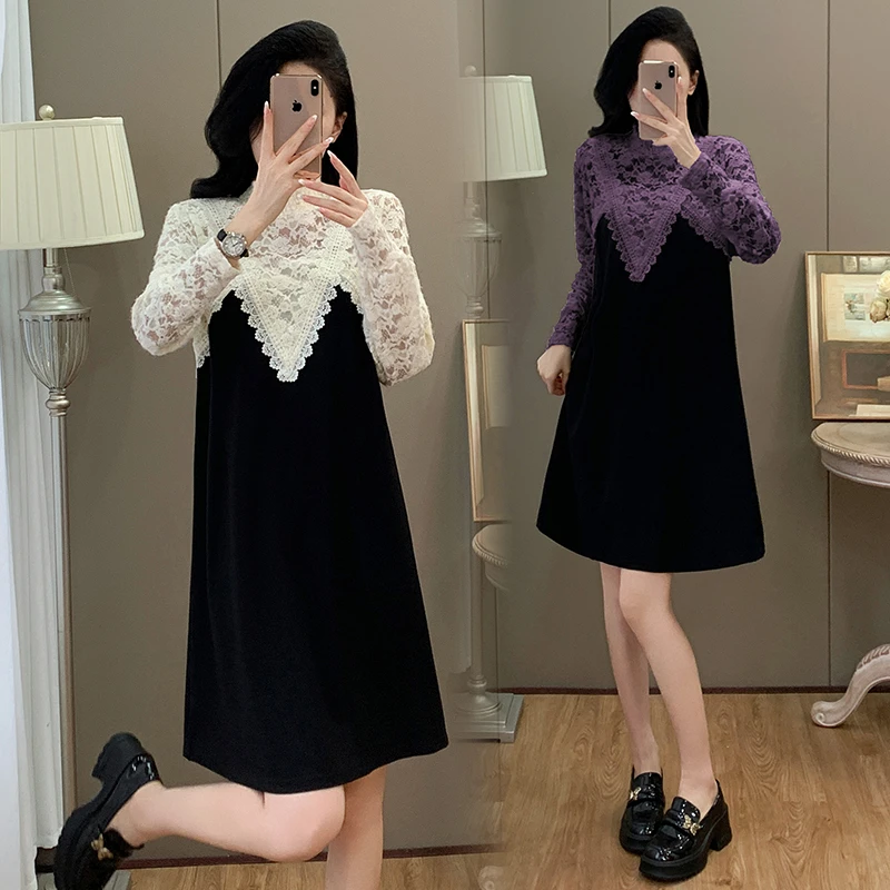 时尚百搭宽松洋气大码女装2025春秋新款胖MM蕾丝拼接显瘦连衣裙女