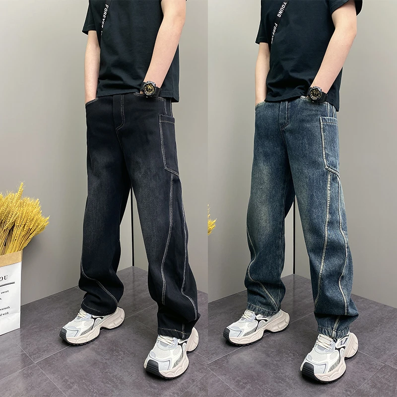 春季原创爆款时尚简约宽松哈伦水洗阔腿裤男士休闲美式牛仔裤子男