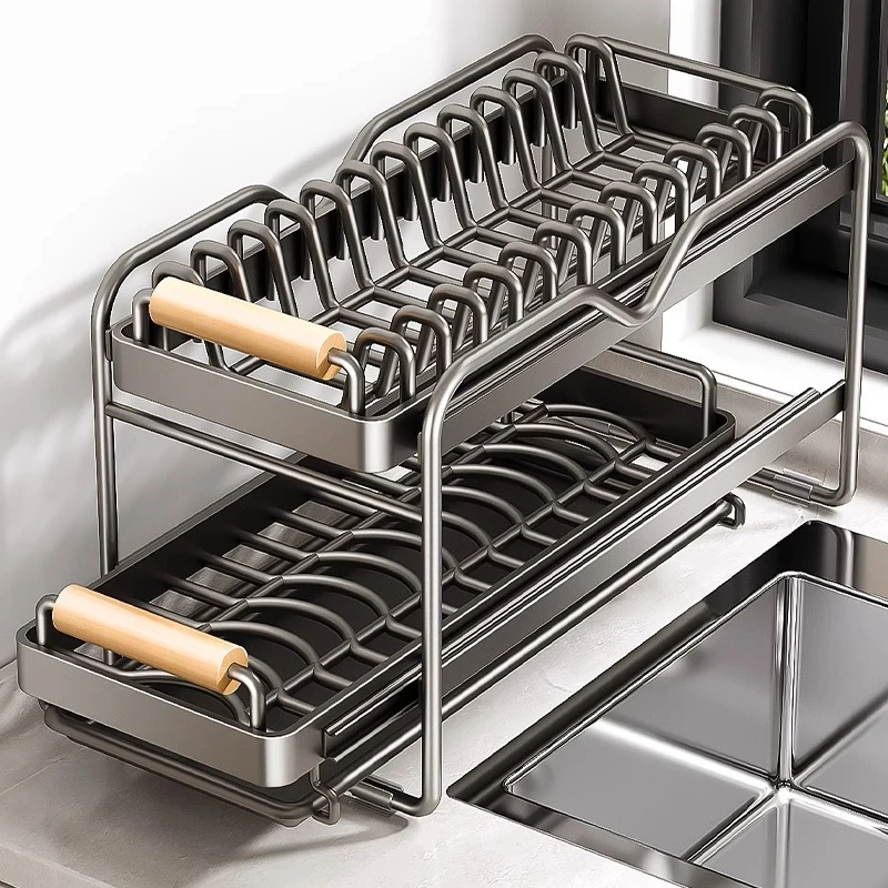 厨房橱柜内置物架抽屉式拉篮台面多功能碗碟收纳架抽拉沥水放碗架