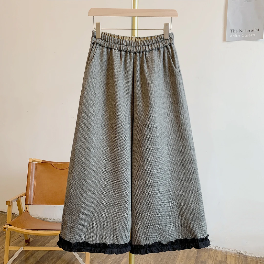 木耳边裤Y3261人字纹木耳边松紧腰阔腿裤