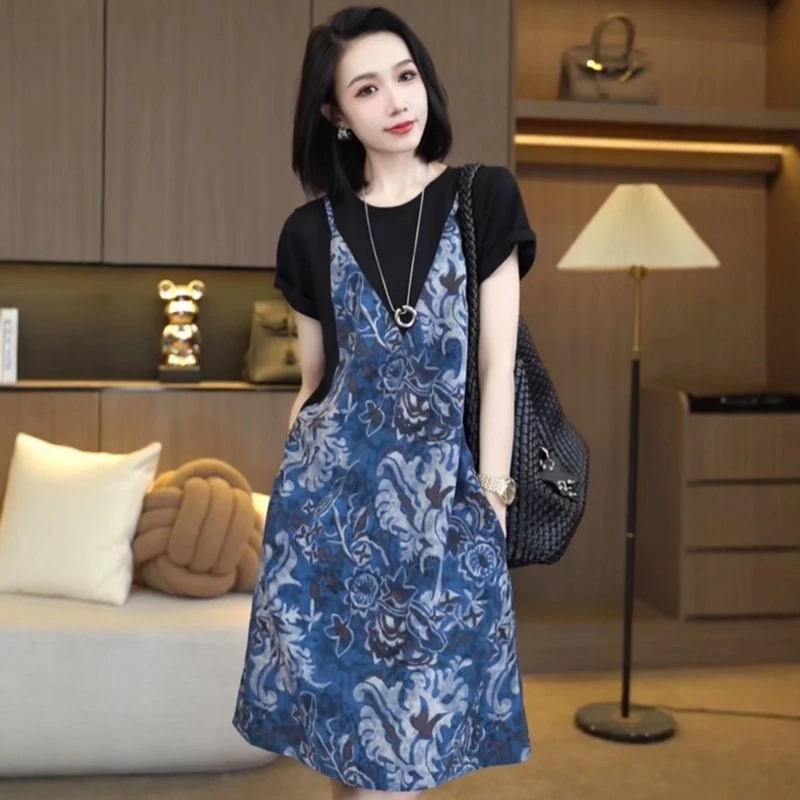 大码女装夏季时尚设计感拼接假两件连衣裙胖mm遮肉显瘦精致碎花裙