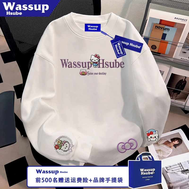 WASSUP HSUBE时尚男女款100%棉长袖国潮凯蒂猫印花T恤ins秋季上衣