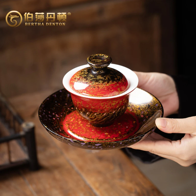 BERTHADENTON漆器茶具大漆非遗纯手工大容量不烫手三才盖碗泡茶