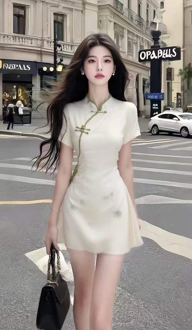 温柔知性风氛围感杏色立领修身改良旗袍连衣裙女时尚气质高级感