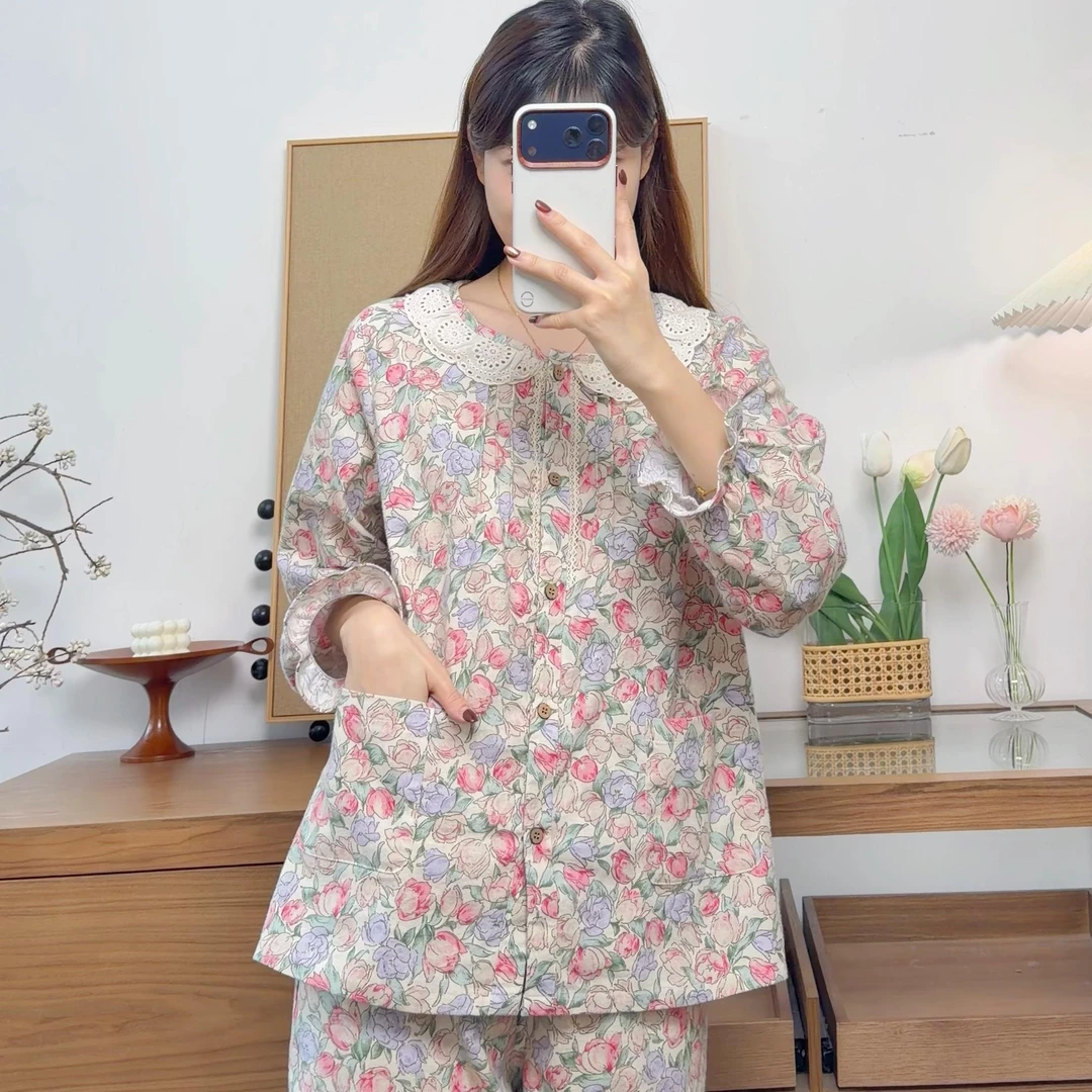 新款秋季长袖碎花女士睡衣甜美圆领纯棉磨毛家居服套装大码秋冬