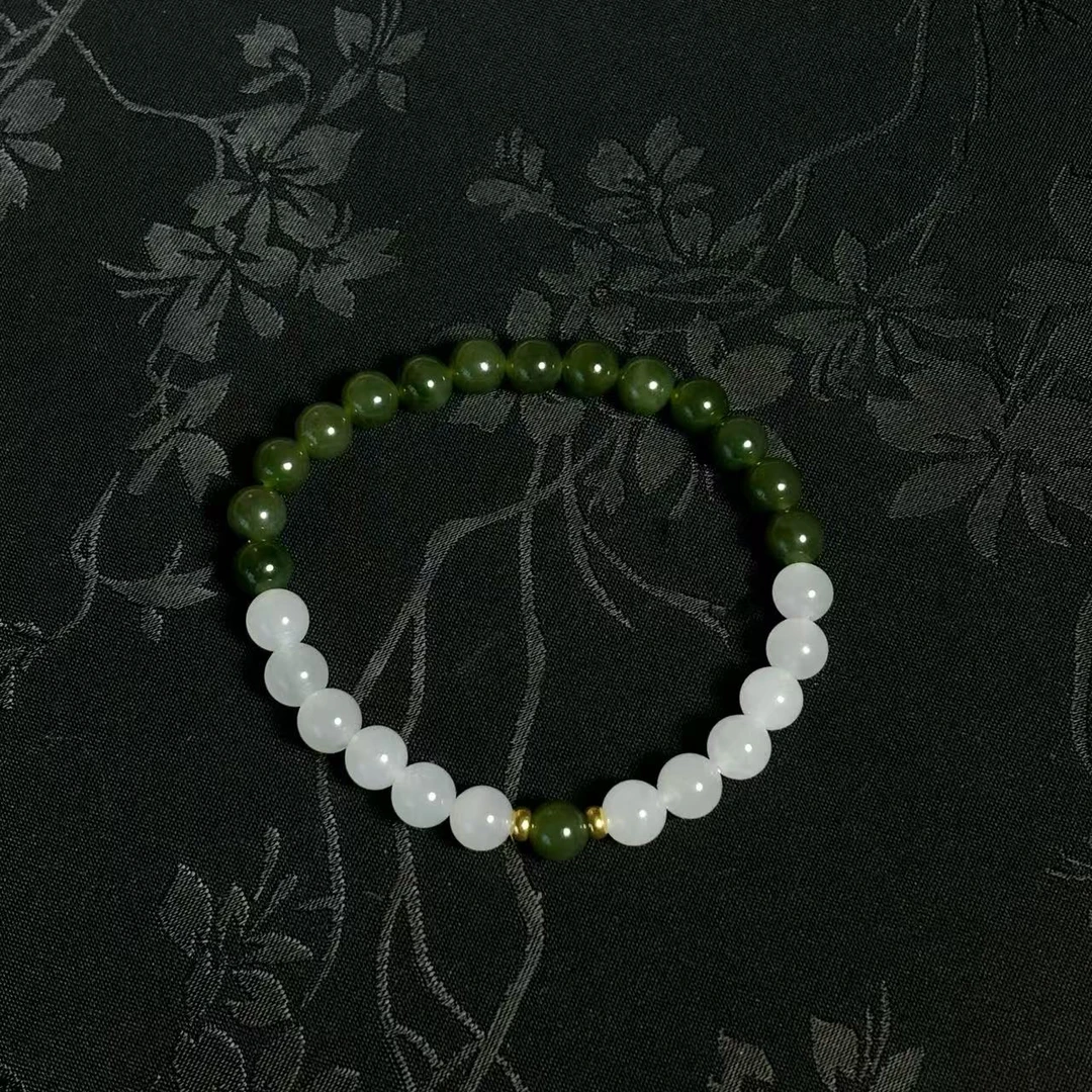 【青城山下】18k金 天然和田玉碧玉+白玉手串女士手链 多样性发其一