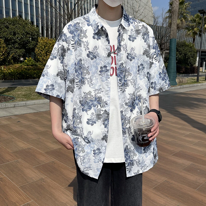 薄款夏季衬衫宽松休闲夏威夷短袖衬衣沙滩港风潮流痞帅印花寸衫男
