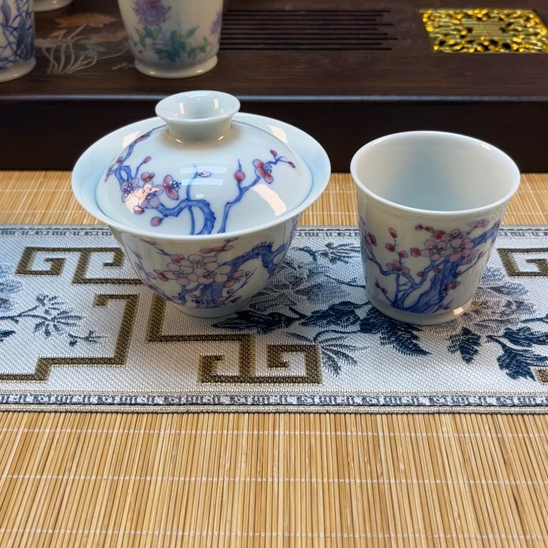 纯手工手绘斗彩梅花2件套盖碗+主人杯