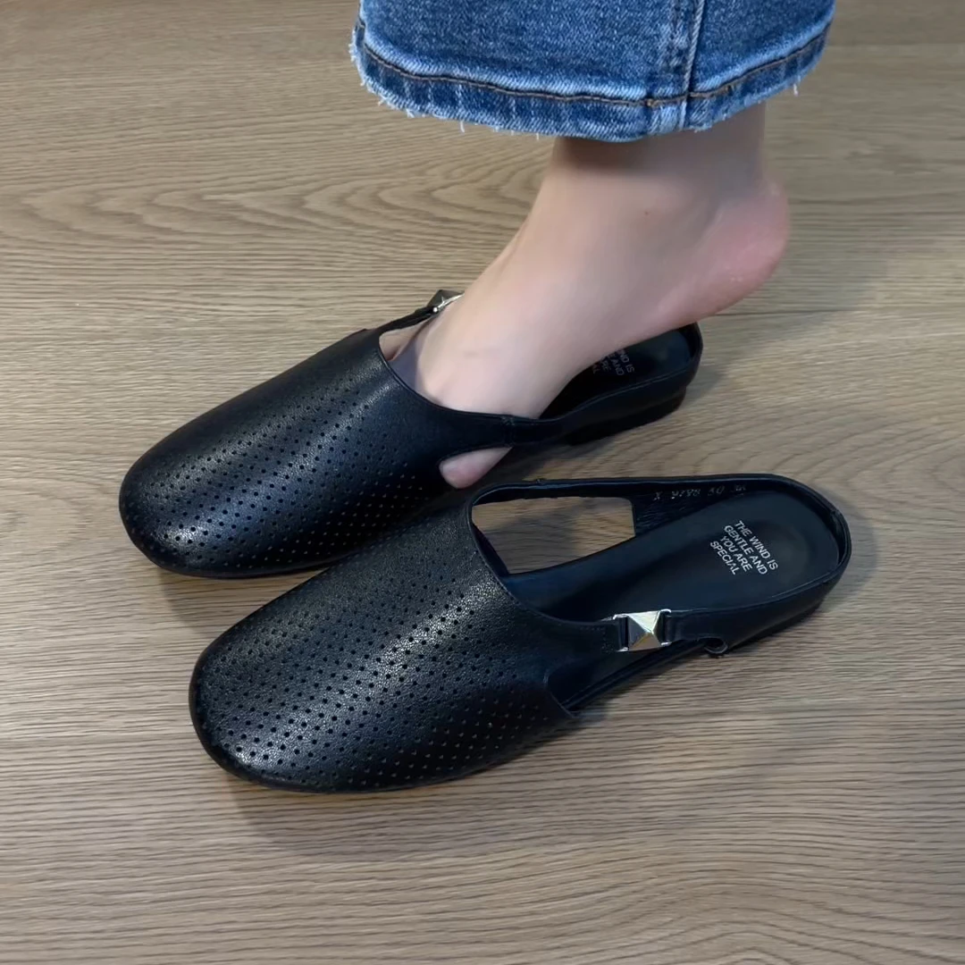 拖鞋半托2025年新款夏季平底圆头舒适百搭镂空圆头包头拖鞋女款