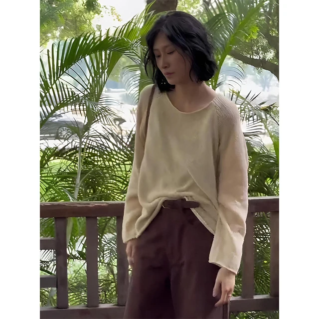 法式圆领长袖针织衫女2024新款春秋慵懒高级感宽松长袖针织上衣女