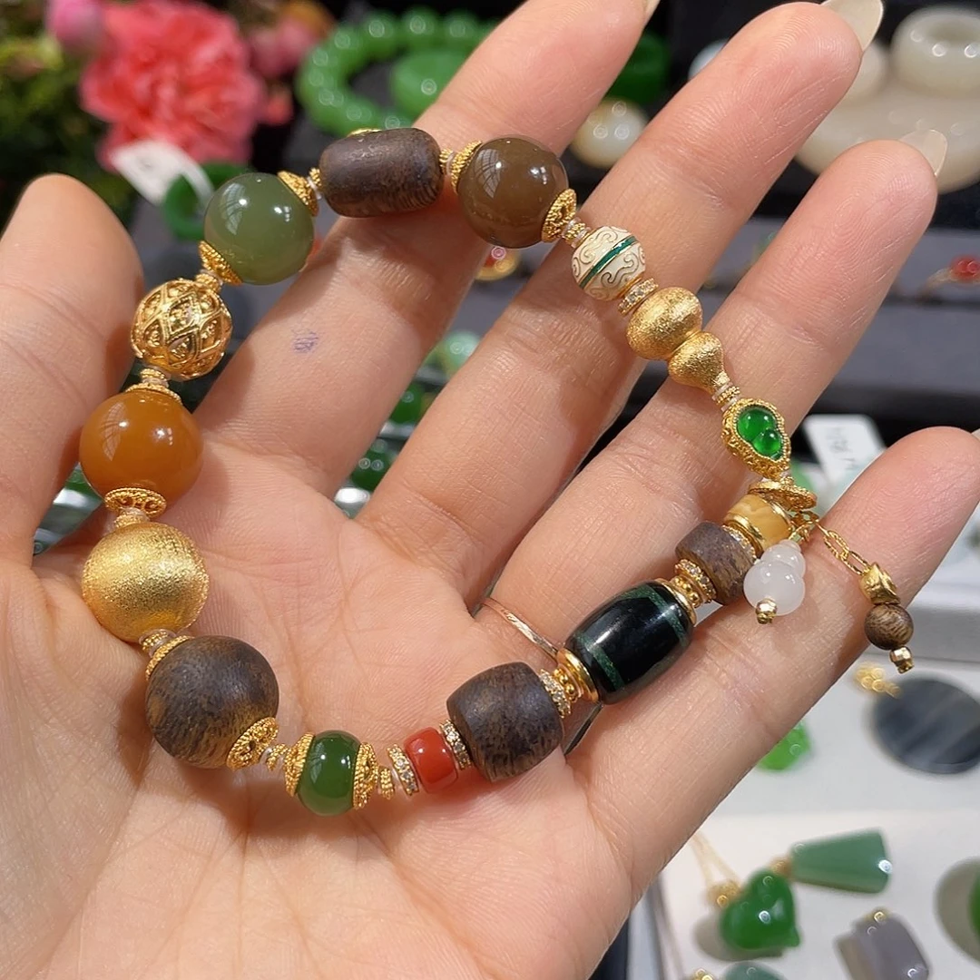 和田玉银S925镶嵌手链多宝