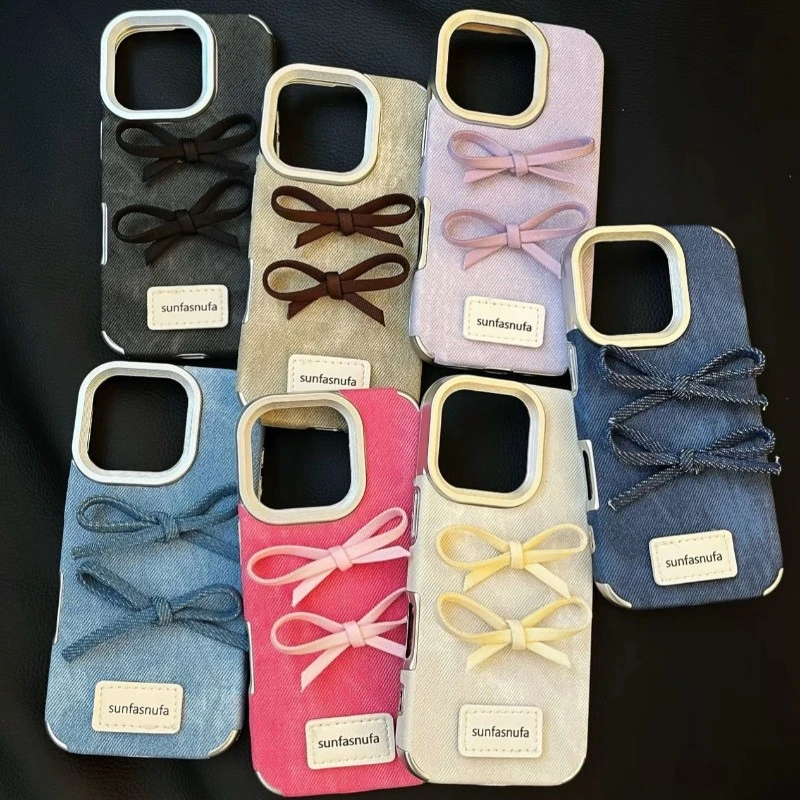 牛仔纹秋冬立体蝴蝶结适用苹果17新款16Promax手机壳15防摔14/13