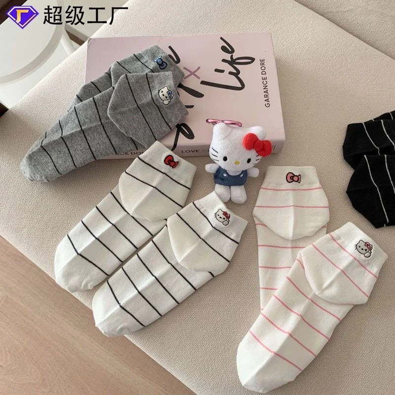 2025春夏新品女袜子韩版少女风刺绣猫咪蝴蝶结AB款时尚棉质短袜