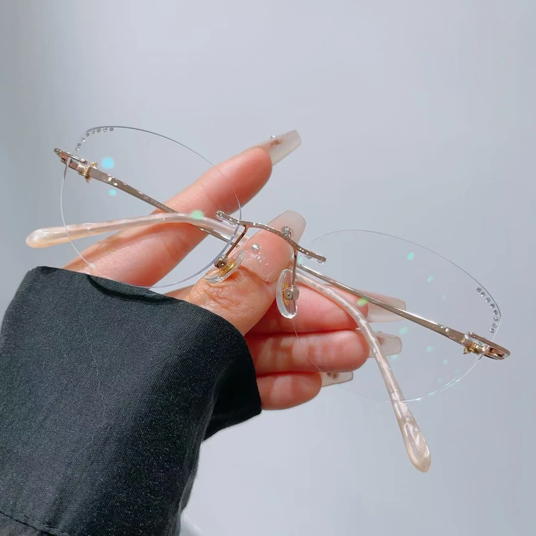 超轻纯钛猫眼无框近视眼镜女镶钻时尚个性简约修饰圆脸型成品度数