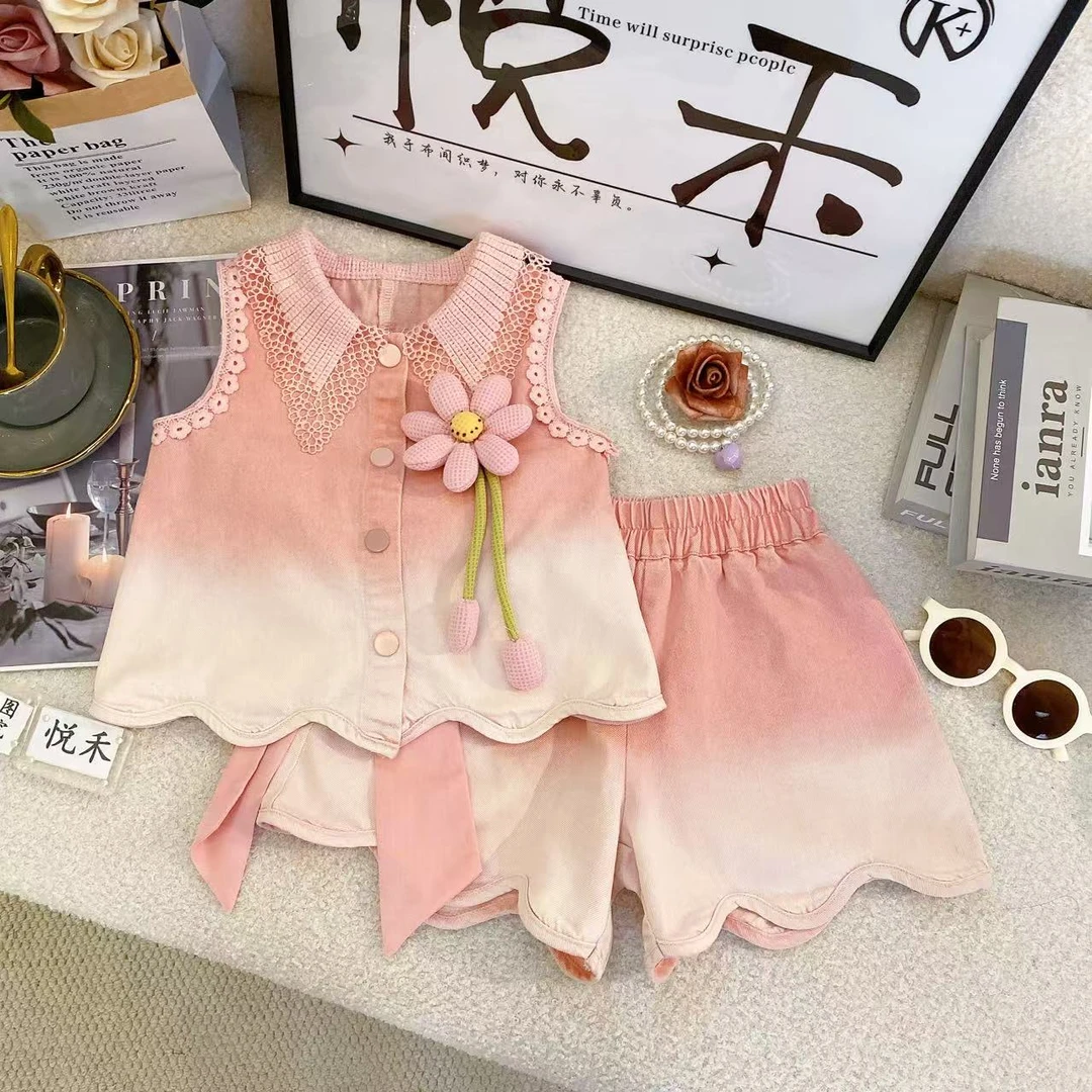 T2女孩牛仔套装甜美夏季新款女宝韩版洋气无袖儿童套装80735